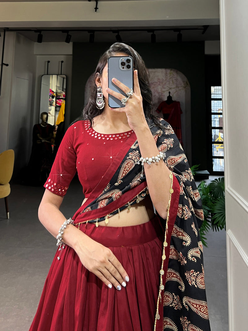Red Color Pure Cotton Mirror Work Navratri Lehenga Choli