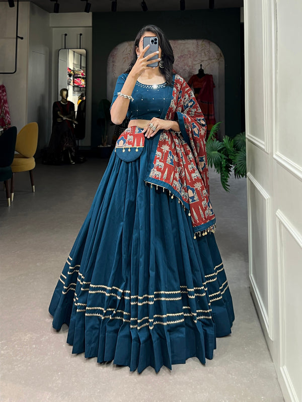 Navy Blue Color Pure Cotton Mirror Work Designer Navratri Lehenga Choli