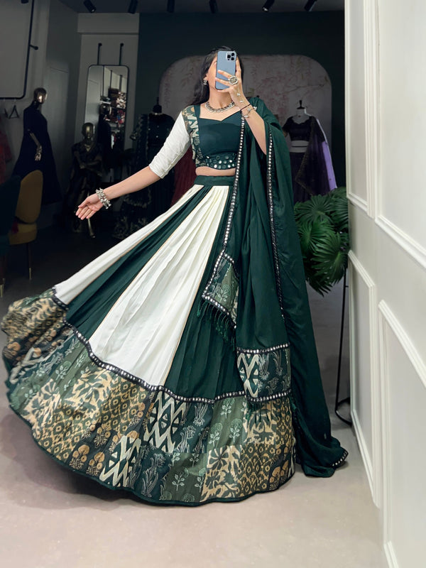 White-Green Color Digital printed with Mirror Work Navratri Lehenga Choli