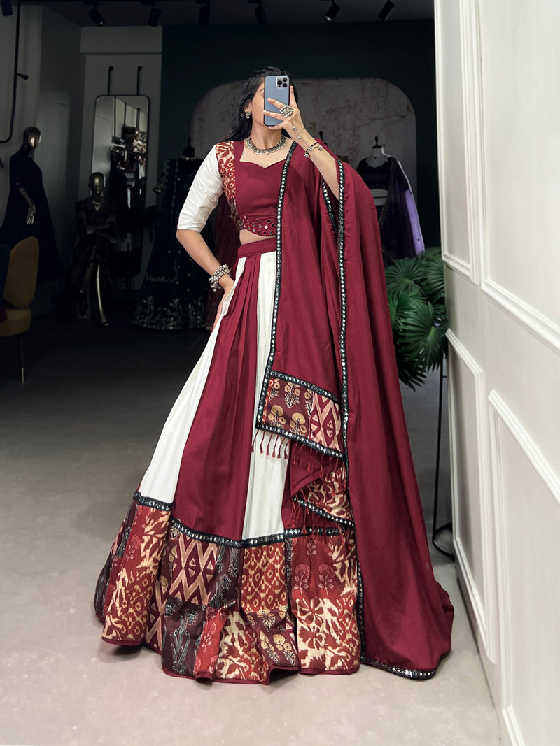 Red-White Color Digital printed with Mirror Work Navratri  Lehenga Choli