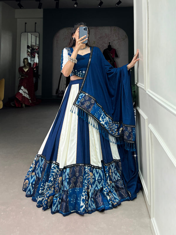 Blue-White Color Digital printed with Mirror Work Navratri Lehenga Choli