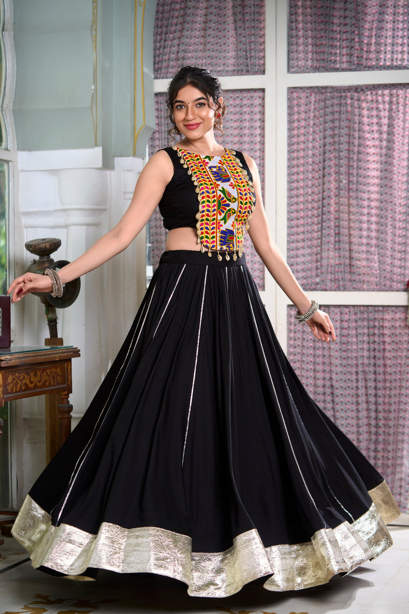 Black Color Pure Rayon Gamthi Work Navratri Lehenga Choli
