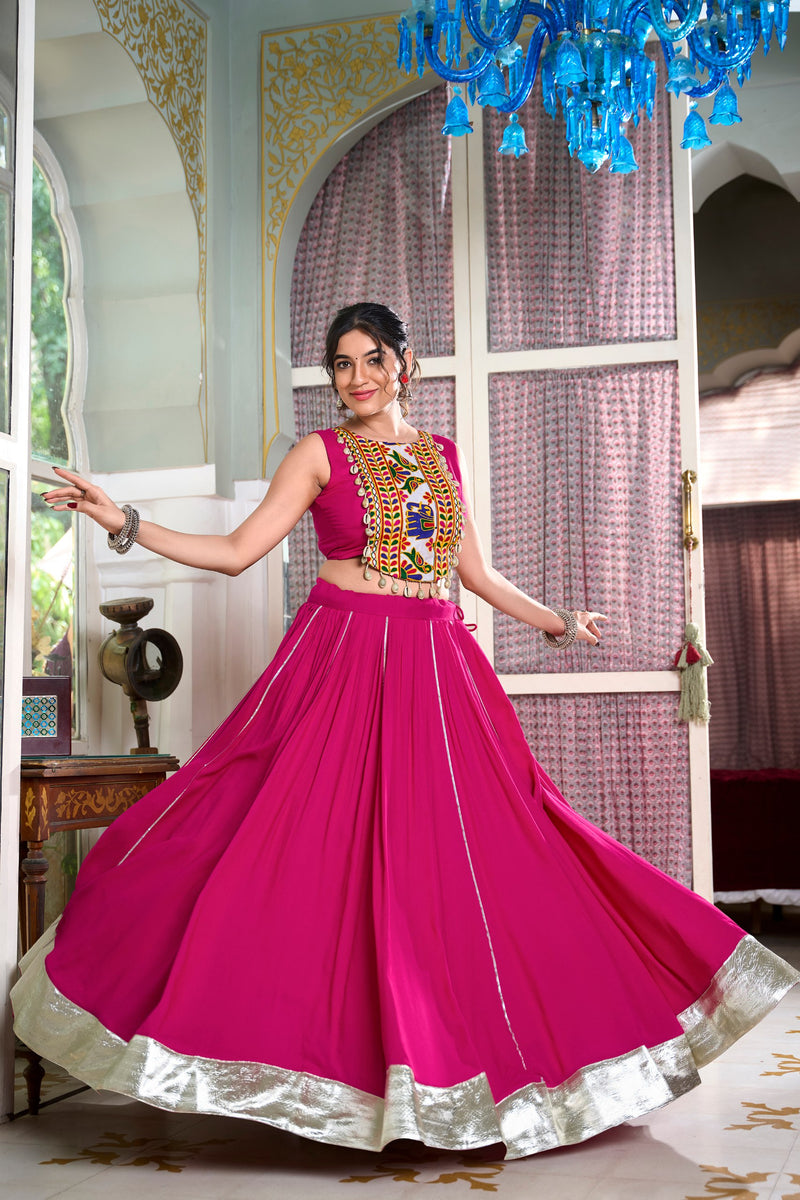 Pink Color Pure Rayon Gamthi Work Navratri Lehenga Choli