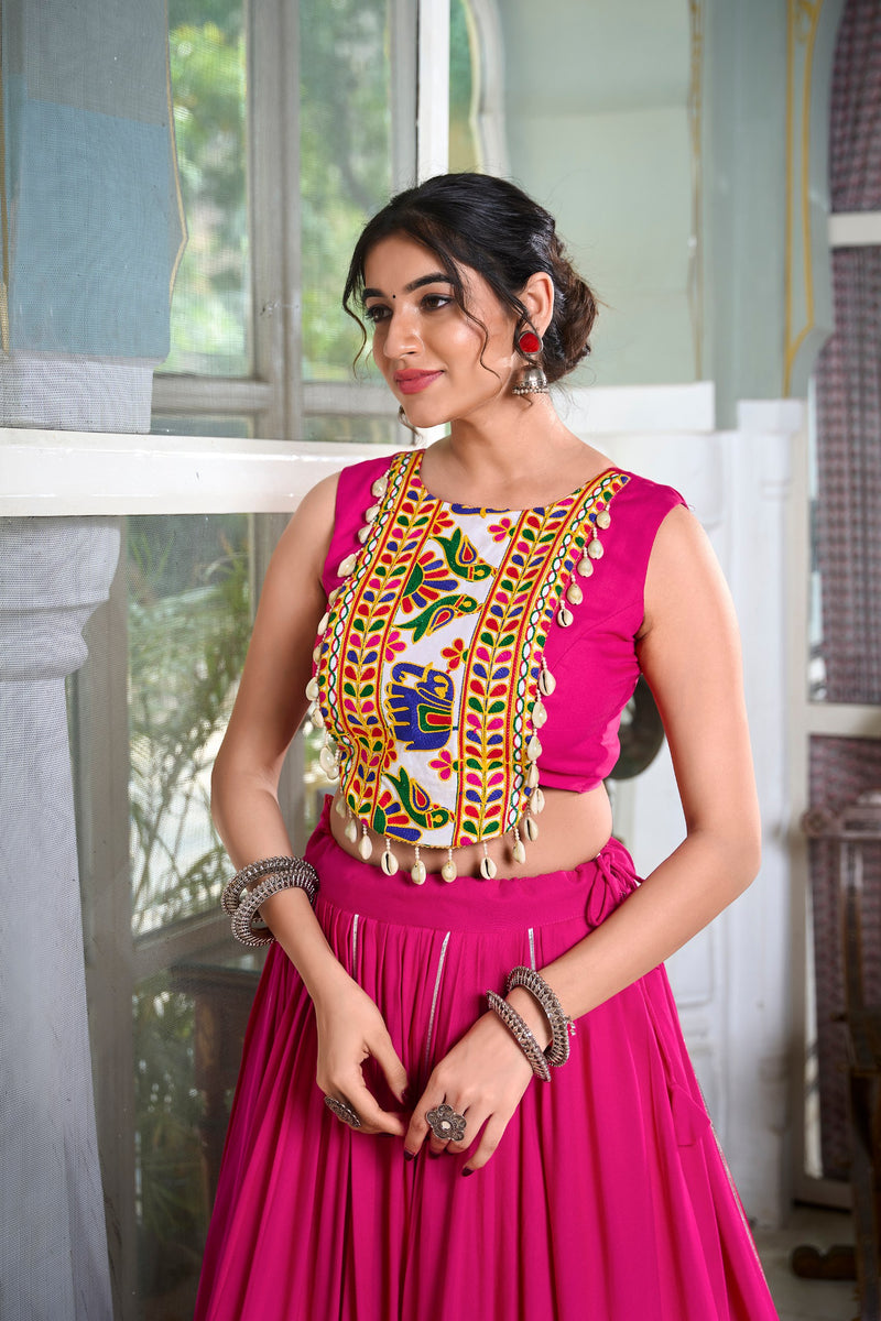 Pink Color Pure Rayon Gamthi Work Navratri Lehenga Choli