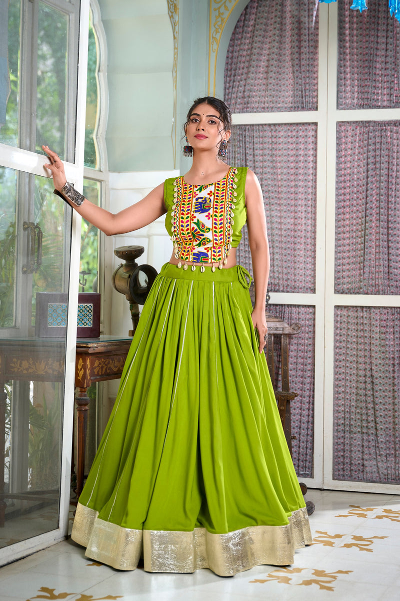 Parrot Color Pure Rayon Gamthi Work Navratri Lehenga Choli