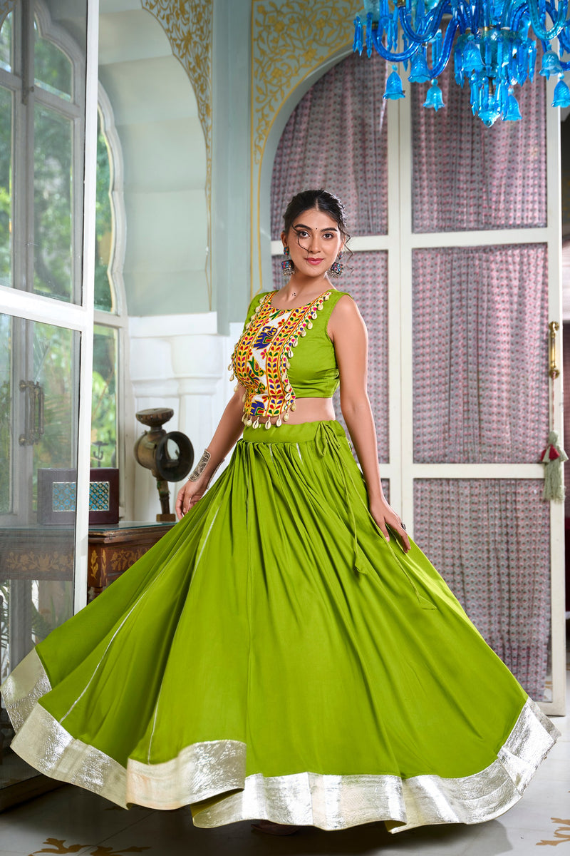 Parrot Color Pure Rayon Gamthi Work Navratri Lehenga Choli