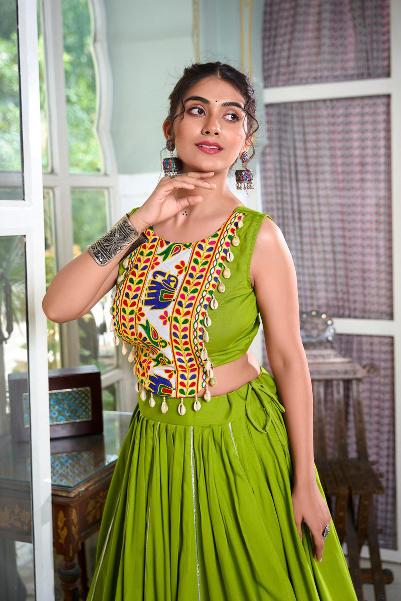 Parrot Color Pure Rayon Gamthi Work Navratri Lehenga Choli