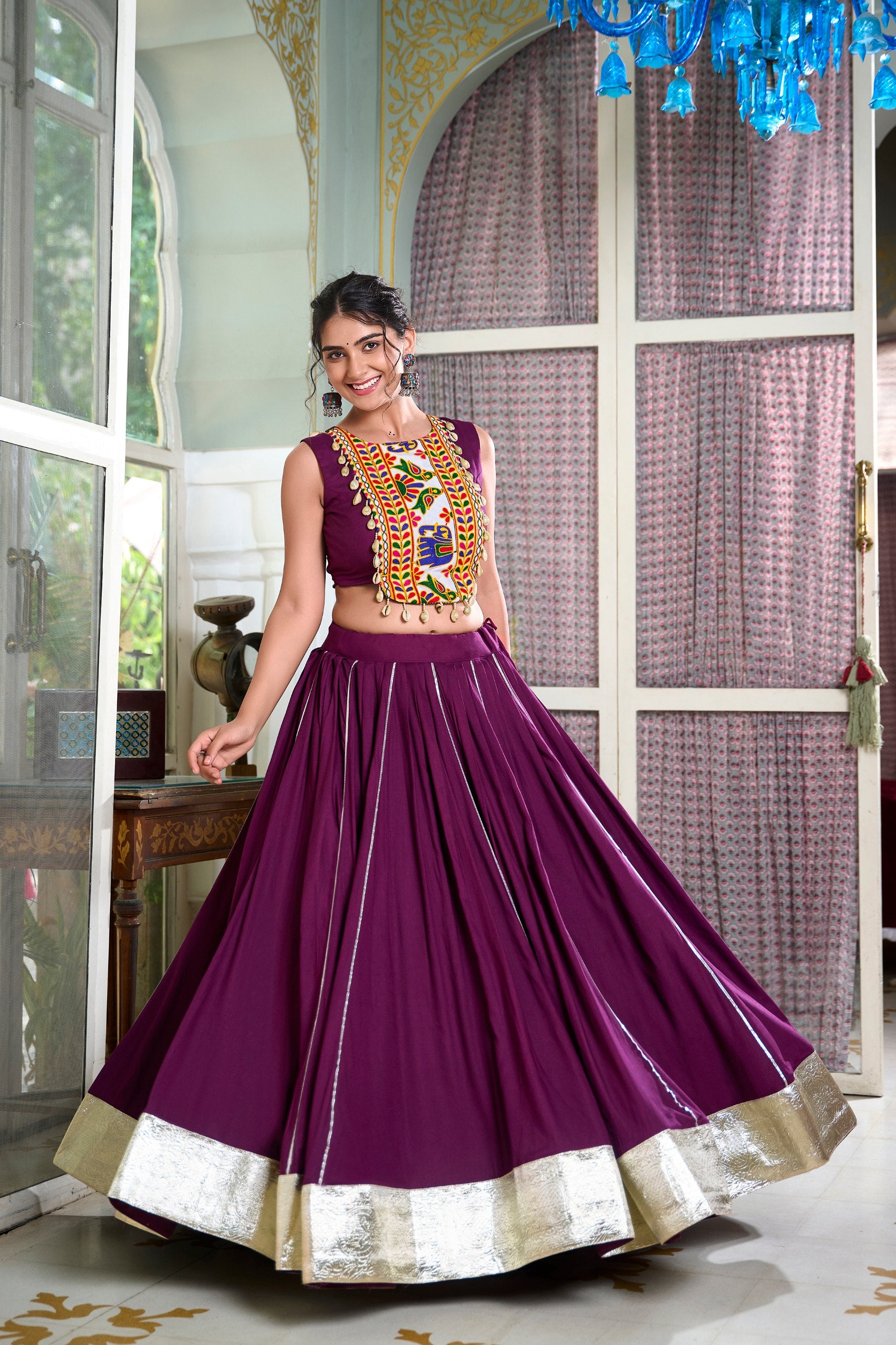 Wine Color Rayon Gamthi Work Navratri Lehenga Choli