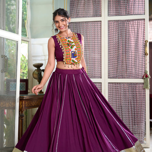 Wine Color Rayon Gamthi Work Navratri Lehenga Choli