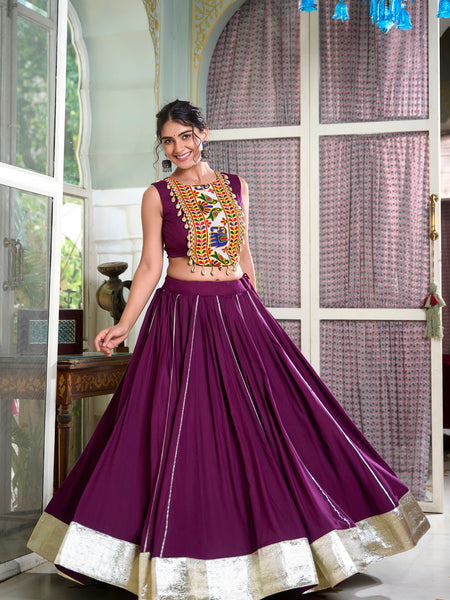 Wine Color Rayon Gamthi Work Navratri Lehenga Choli