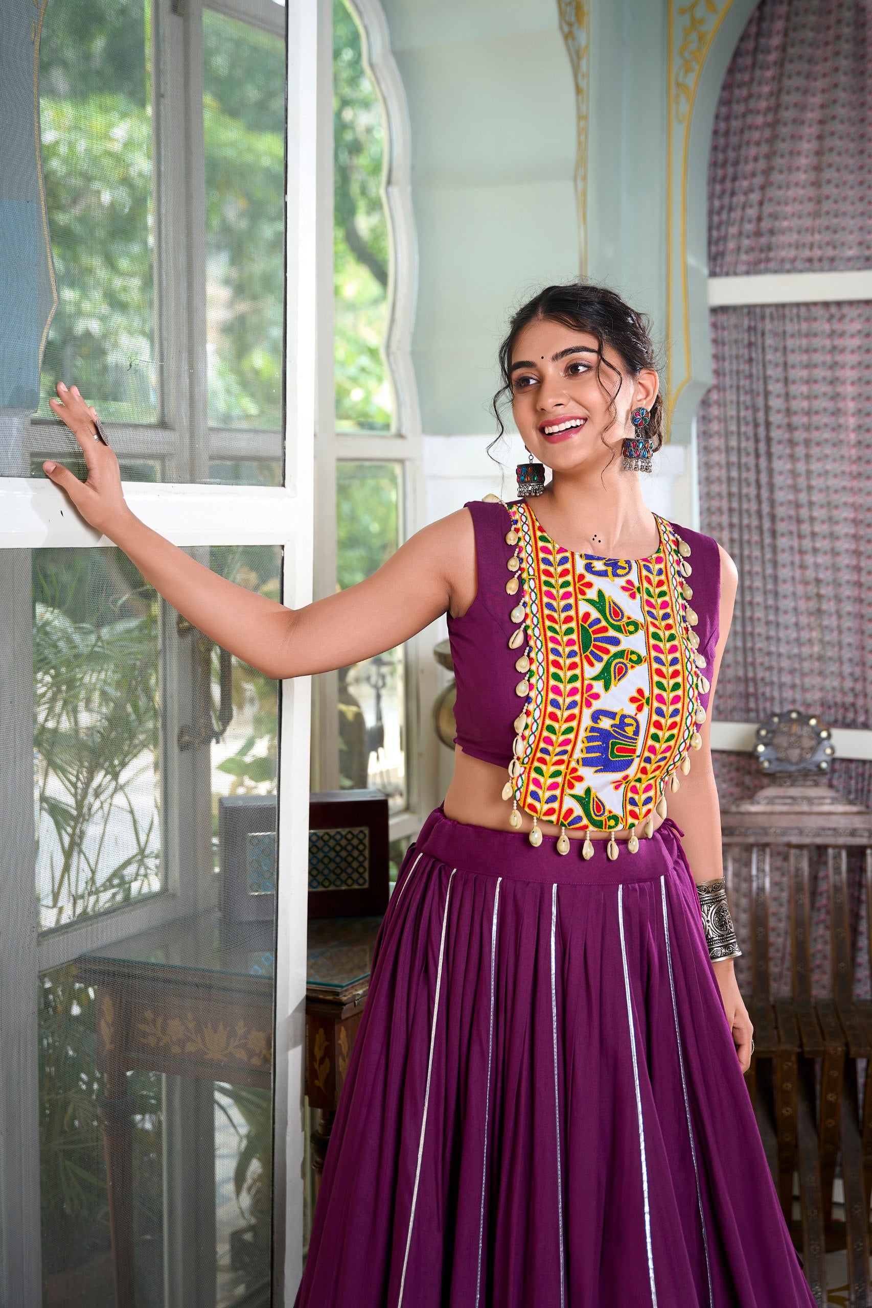 Wine Color Rayon Gamthi Work Navratri Lehenga Choli