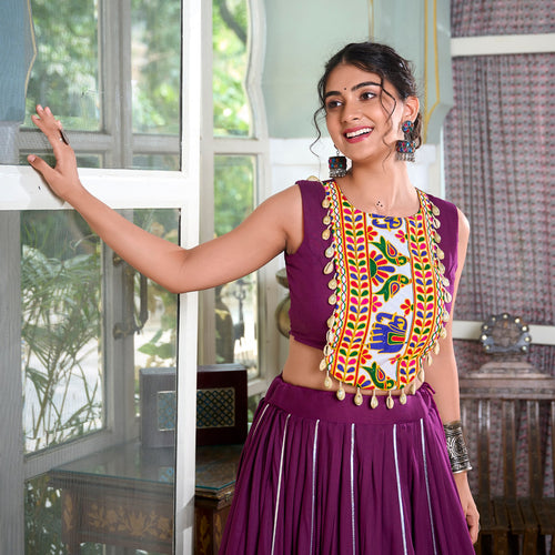 Wine Color Rayon Gamthi Work Navratri Lehenga Choli