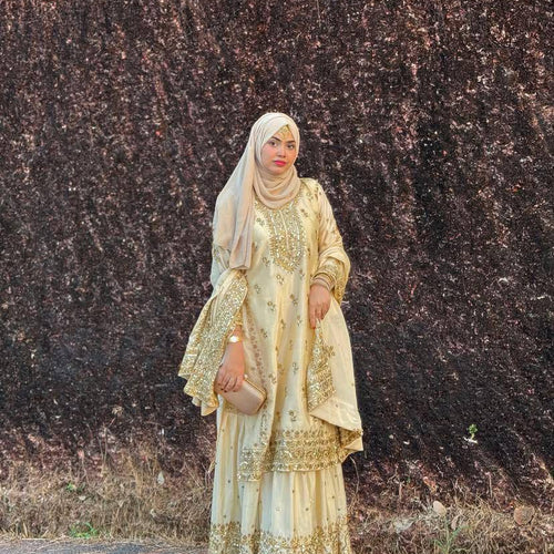 Cream Color Heavy Sequence Embroidery Work Designer Party Wear Palazzo Suit