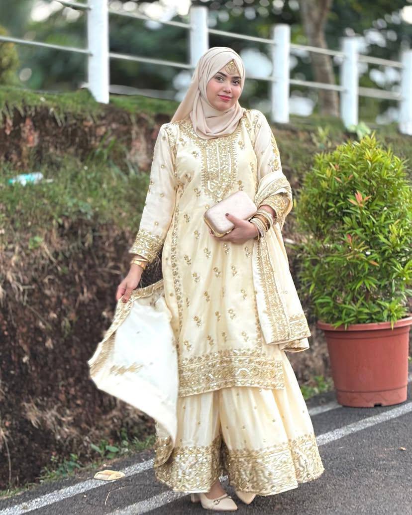 Cream Color Heavy Sequence Embroidery Work Designer Party Wear Palazzo Suit