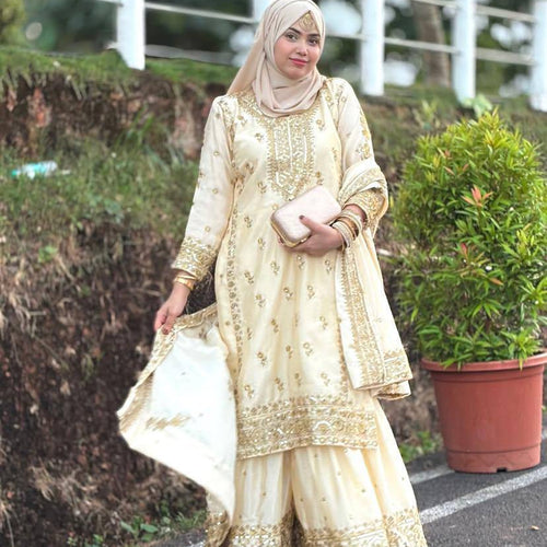 Cream Color Heavy Sequence Embroidery Work Designer Party Wear Palazzo Suit