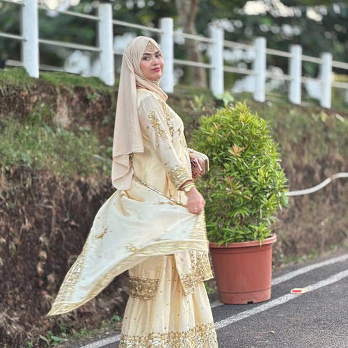 Cream Color Heavy Sequence Embroidery Work Designer Party Wear Palazzo Suit