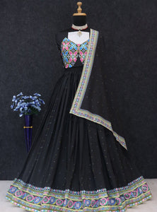 Black Color Digital Printed with Mirror Work Navratri Chaniya Choli