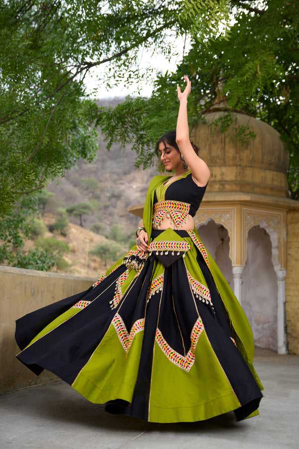 Black-Green Color Gamthi Lace Work Navratri Lehenga Choli