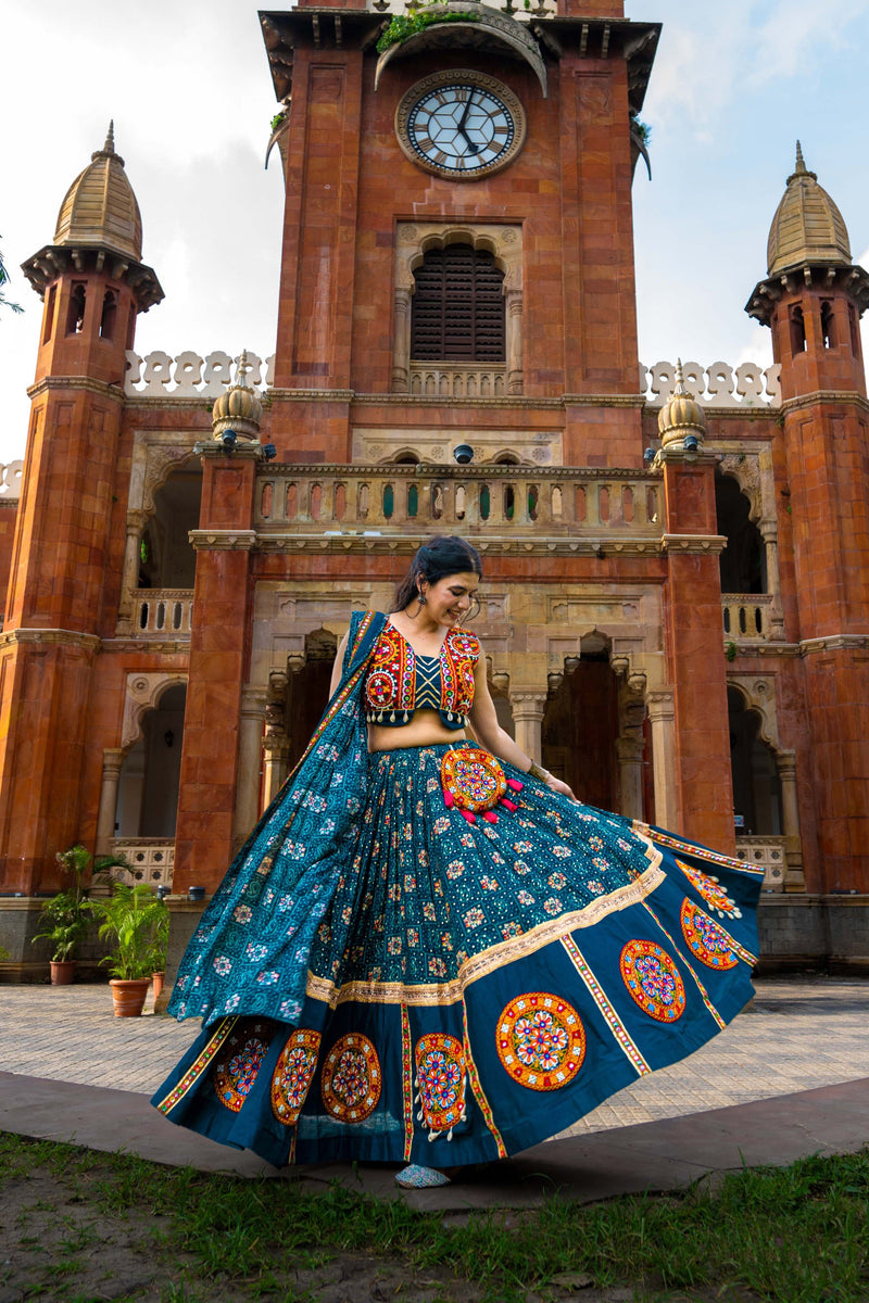 Rama Color Printed With Gamthi Patch Work Navratri Lehenga Choli