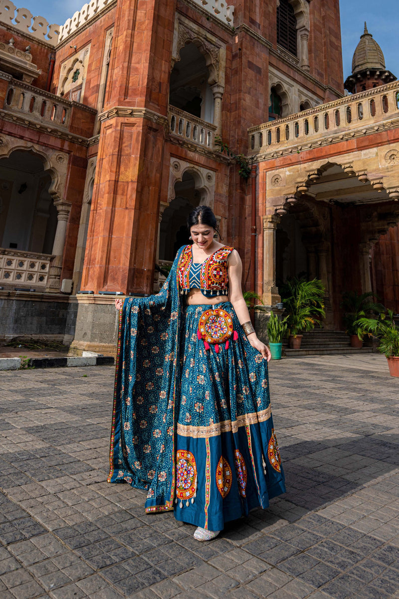 Rama Color Printed With Gamthi Patch Work Navratri Lehenga Choli