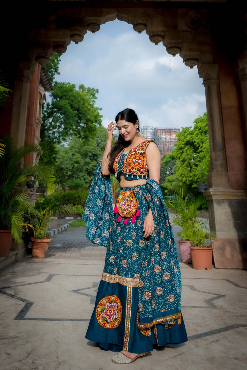 Rama Color Printed With Gamthi Patch Work Navratri Lehenga Choli