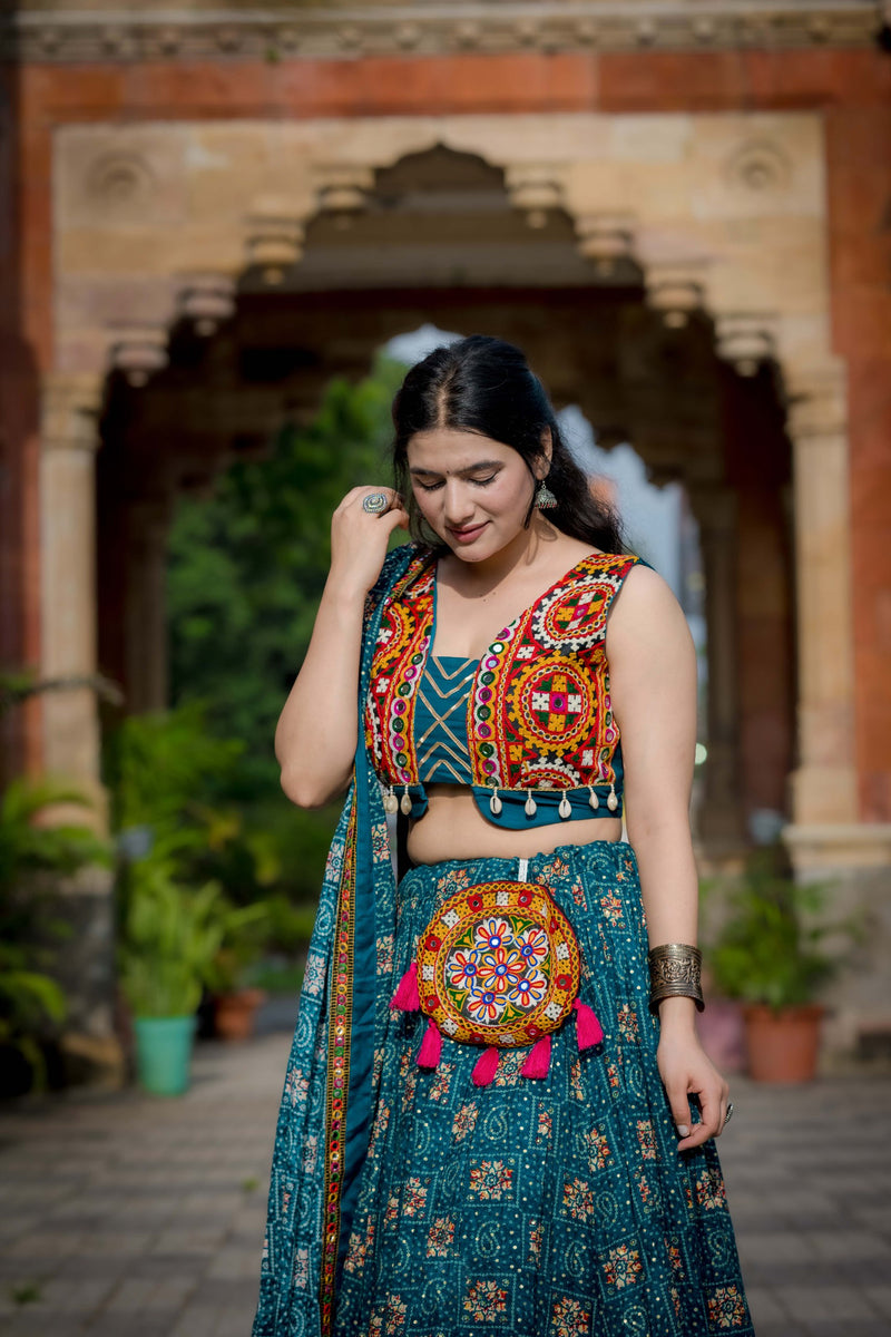 Rama Color Printed With Gamthi Patch Work Navratri Lehenga Choli