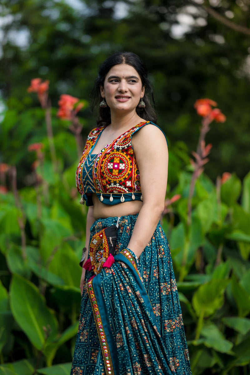 Rama Color Printed With Gamthi Patch Work Navratri Lehenga Choli