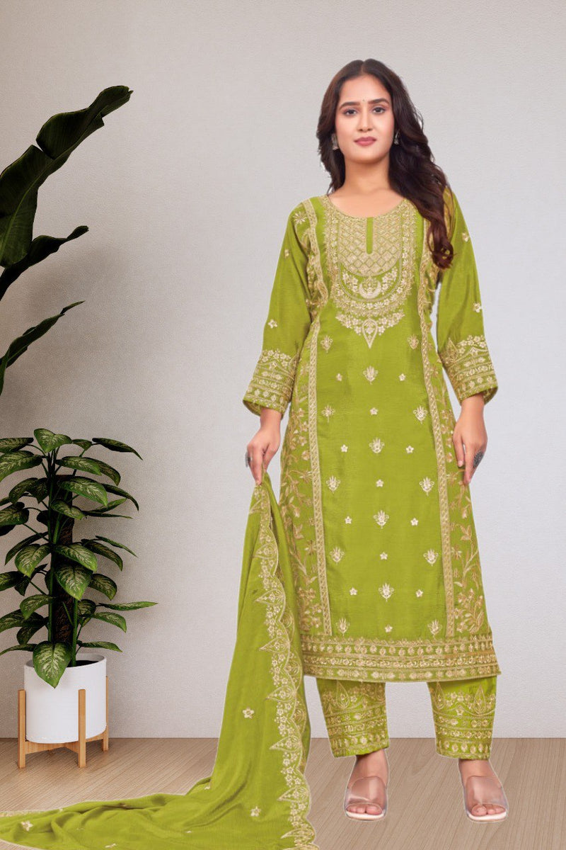 Parrot Color Embroidery with Sequins Work Salwar Suit