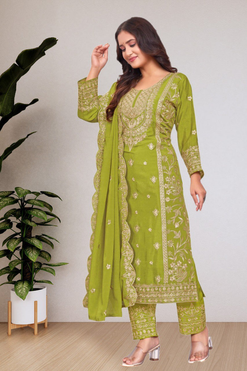 Parrot Color Embroidery with Sequins Work Salwar Suit
