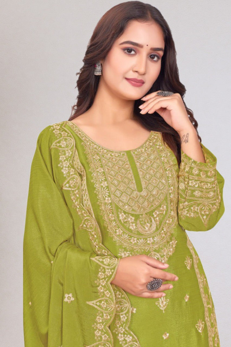 Parrot Color Embroidery with Sequins Work Salwar Suit