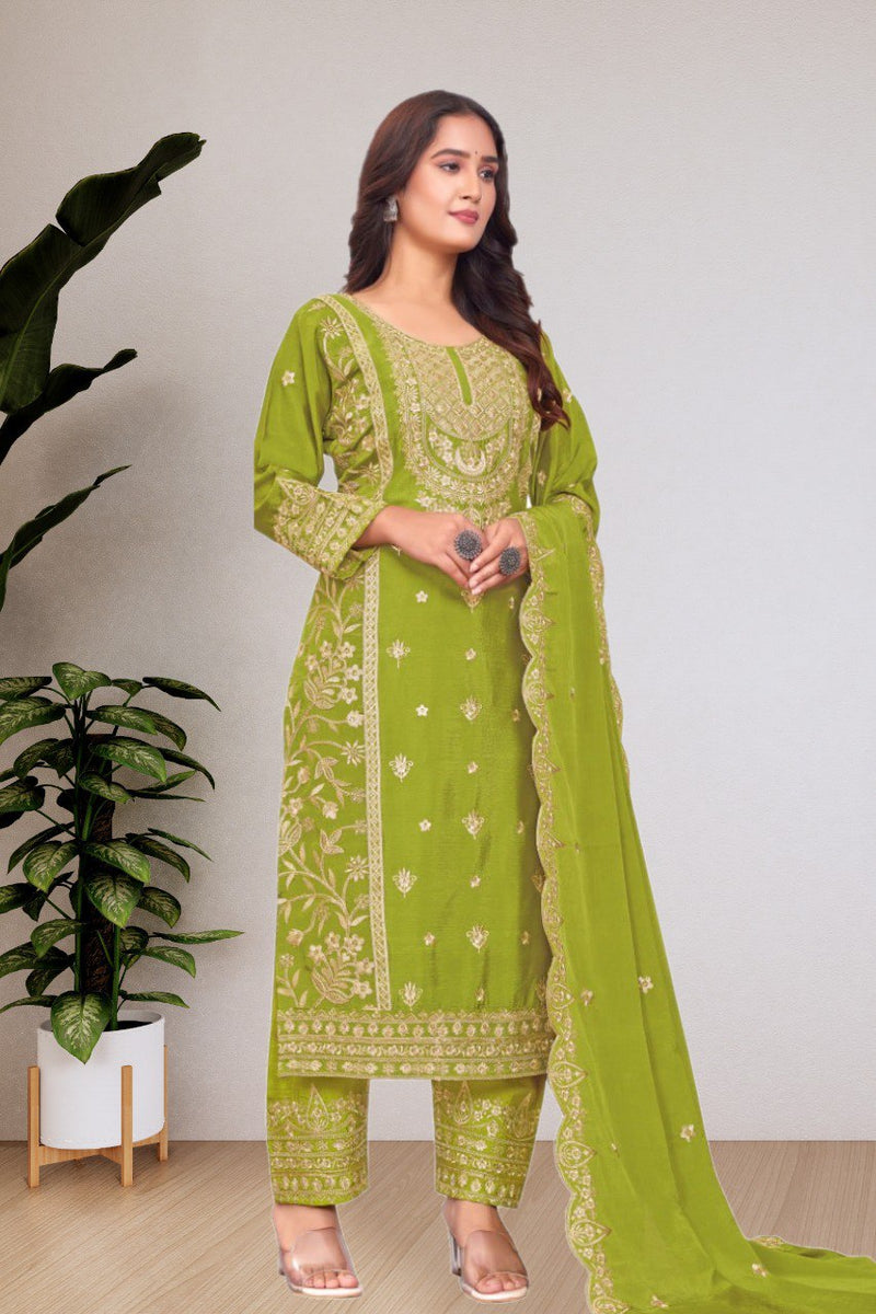 Parrot Color Embroidery with Sequins Work Salwar Suit