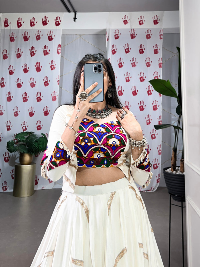 White Color Pure Rayon with Gamthi Work Navratri Lehenga Choli