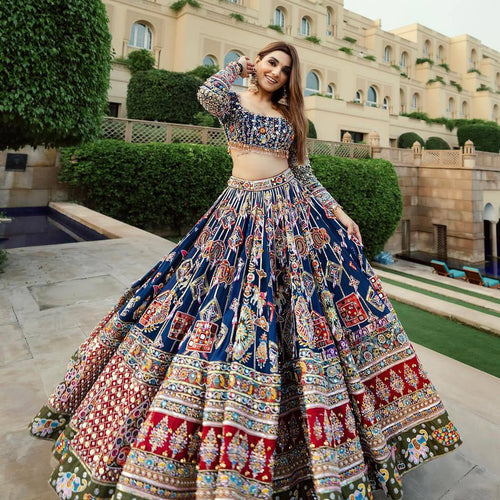 Blue Color Digital Print with Mirror Work Navratri Lehenga Choli