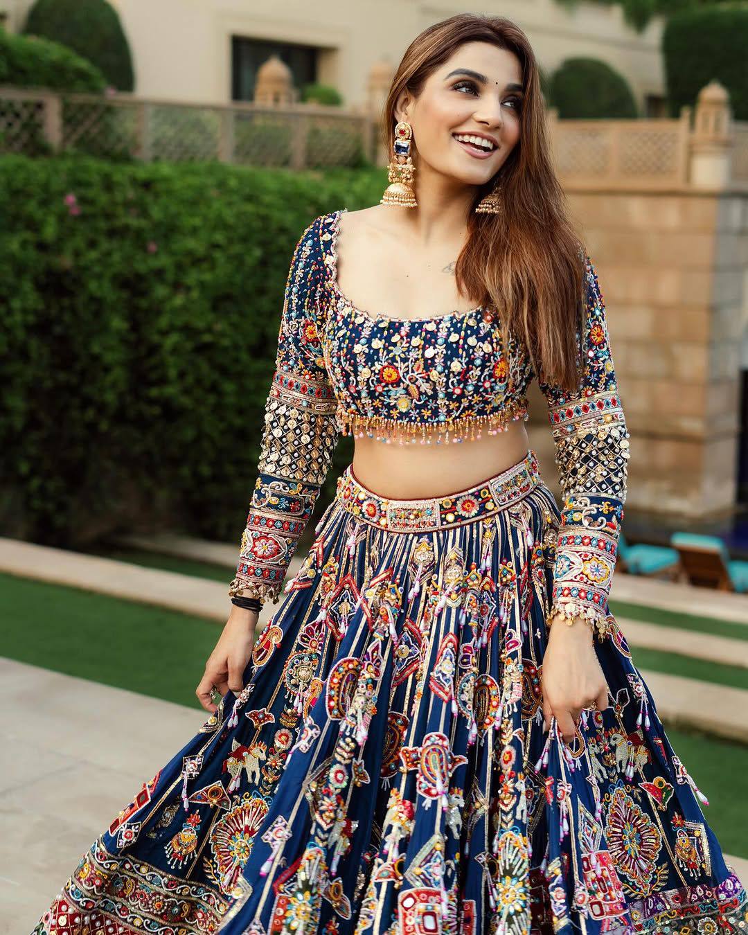 Blue Color Digital Print with Mirror Work Navratri Lehenga Choli
