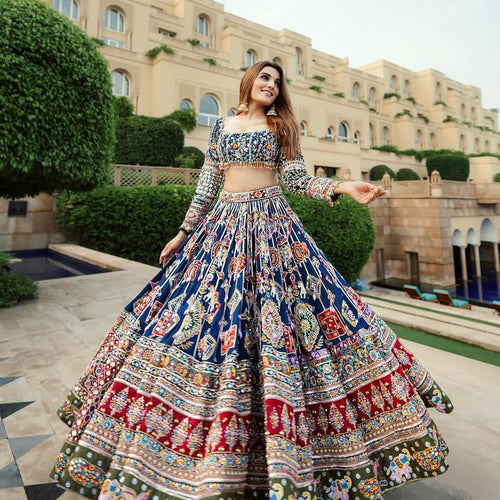 Blue Color Digital Print with Mirror Work Navratri Lehenga Choli