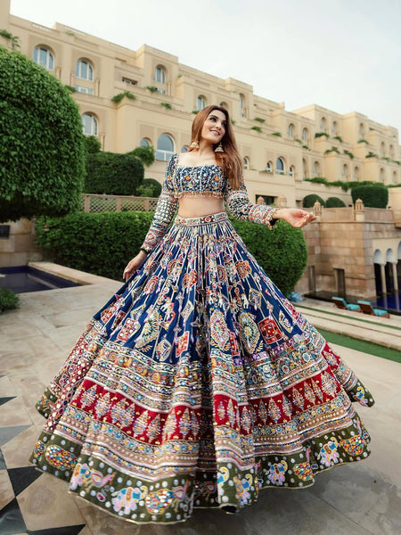 Blue Color Digital Print with Mirror Work Navratri Lehenga Choli