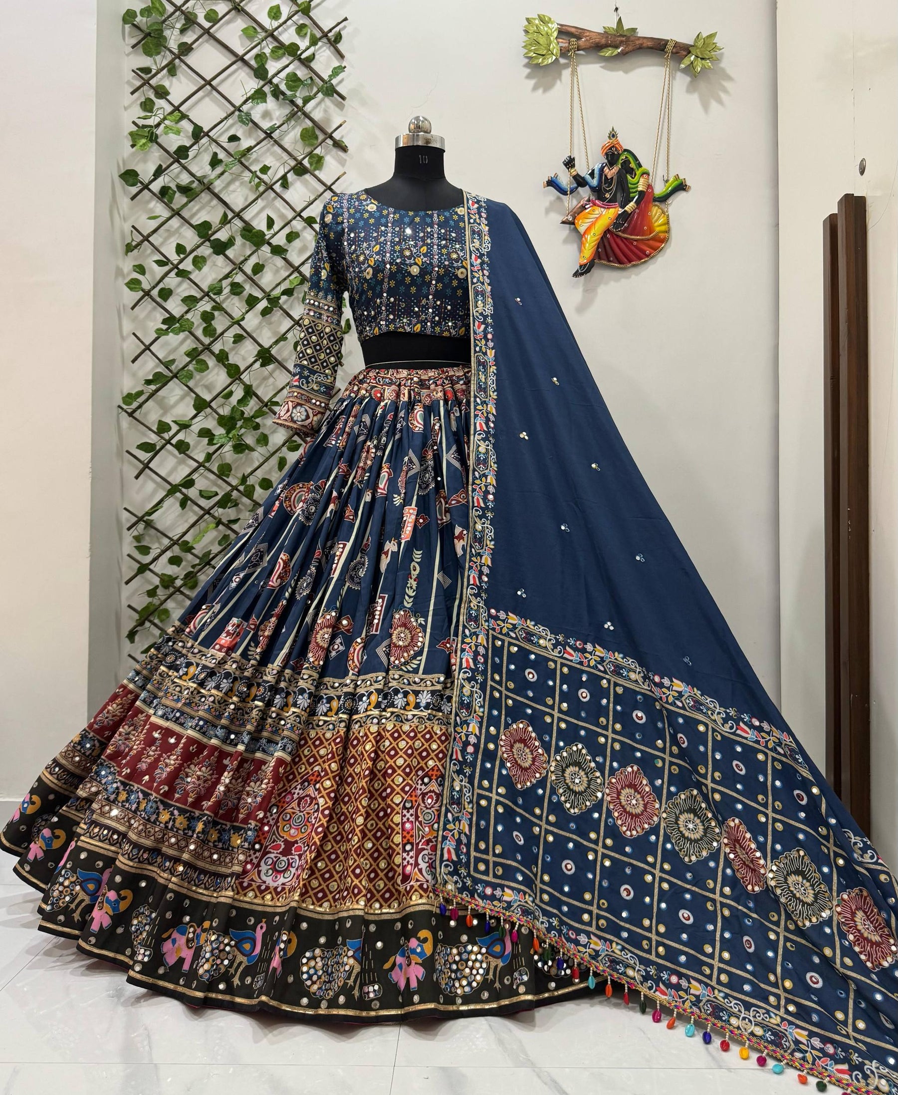 Blue Color Digital Print with Mirror Work Navratri Lehenga Choli