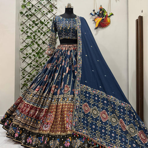Blue Color Digital Print with Mirror Work Navratri Lehenga Choli