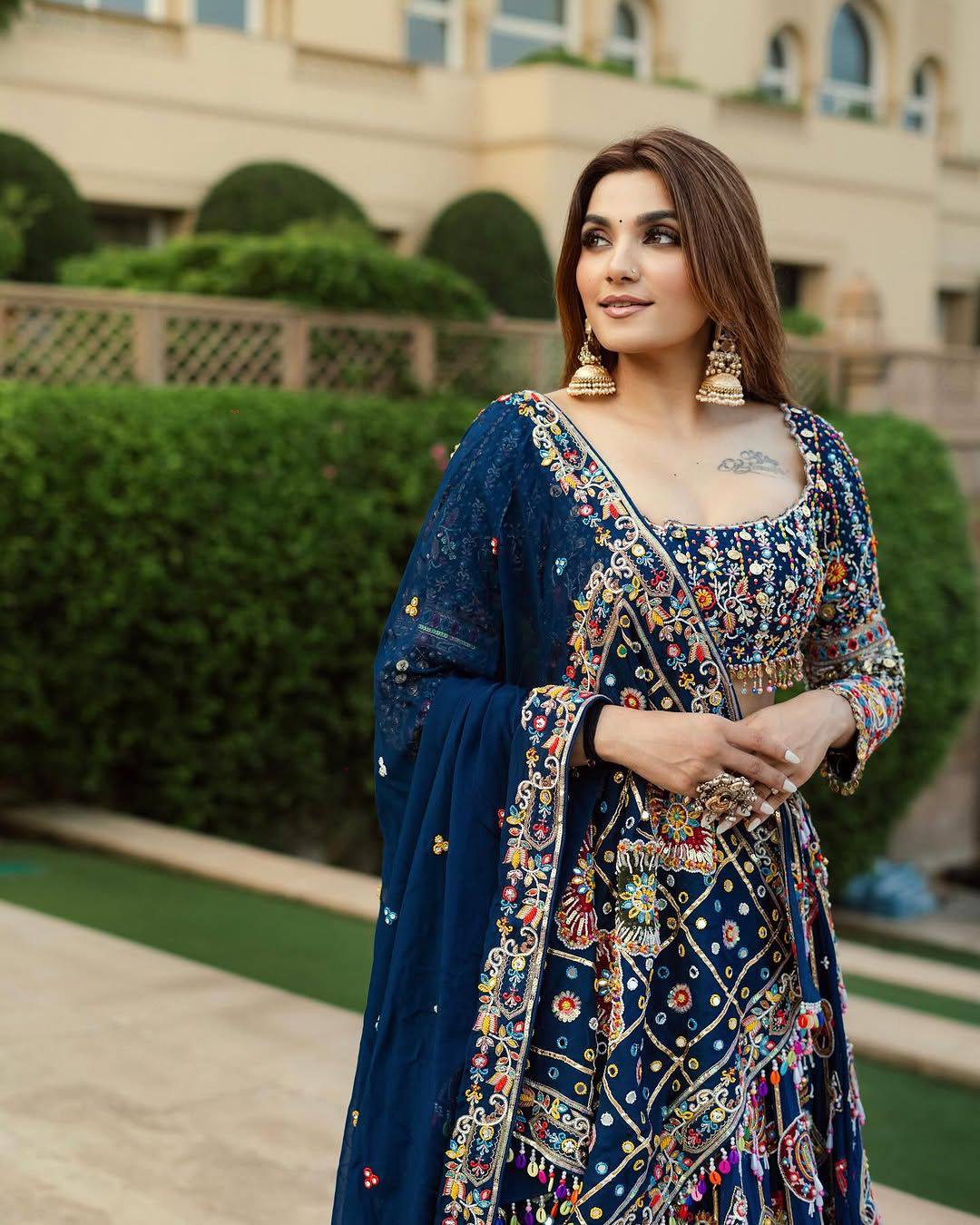 Blue Color Digital Print with Mirror Work Navratri Lehenga Choli