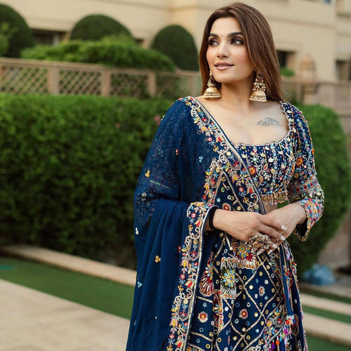 Blue Color Digital Print with Mirror Work Navratri Lehenga Choli