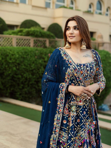 Blue Color Digital Print with Mirror Work Navratri Lehenga Choli