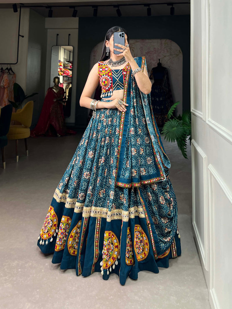 Rama Color Pure Rayon with Gamthi Work Navratri Lehenga Choli