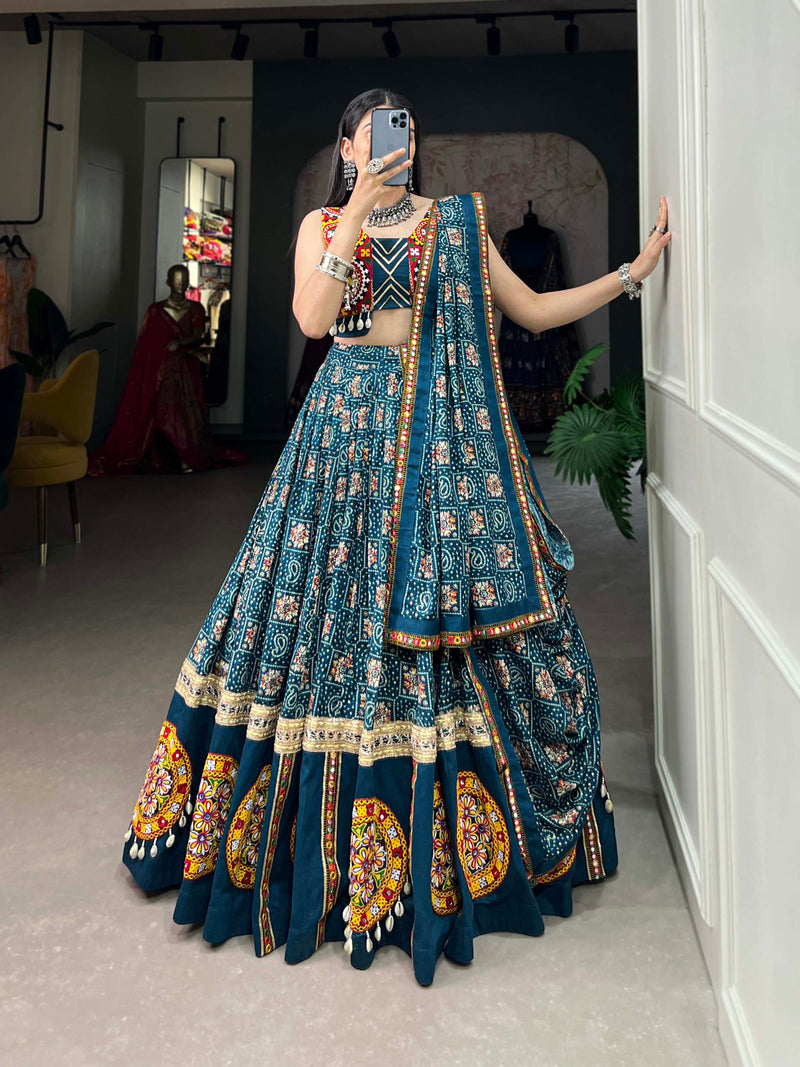Rama Color Pure Rayon with Gamthi Work Navratri Lehenga Choli