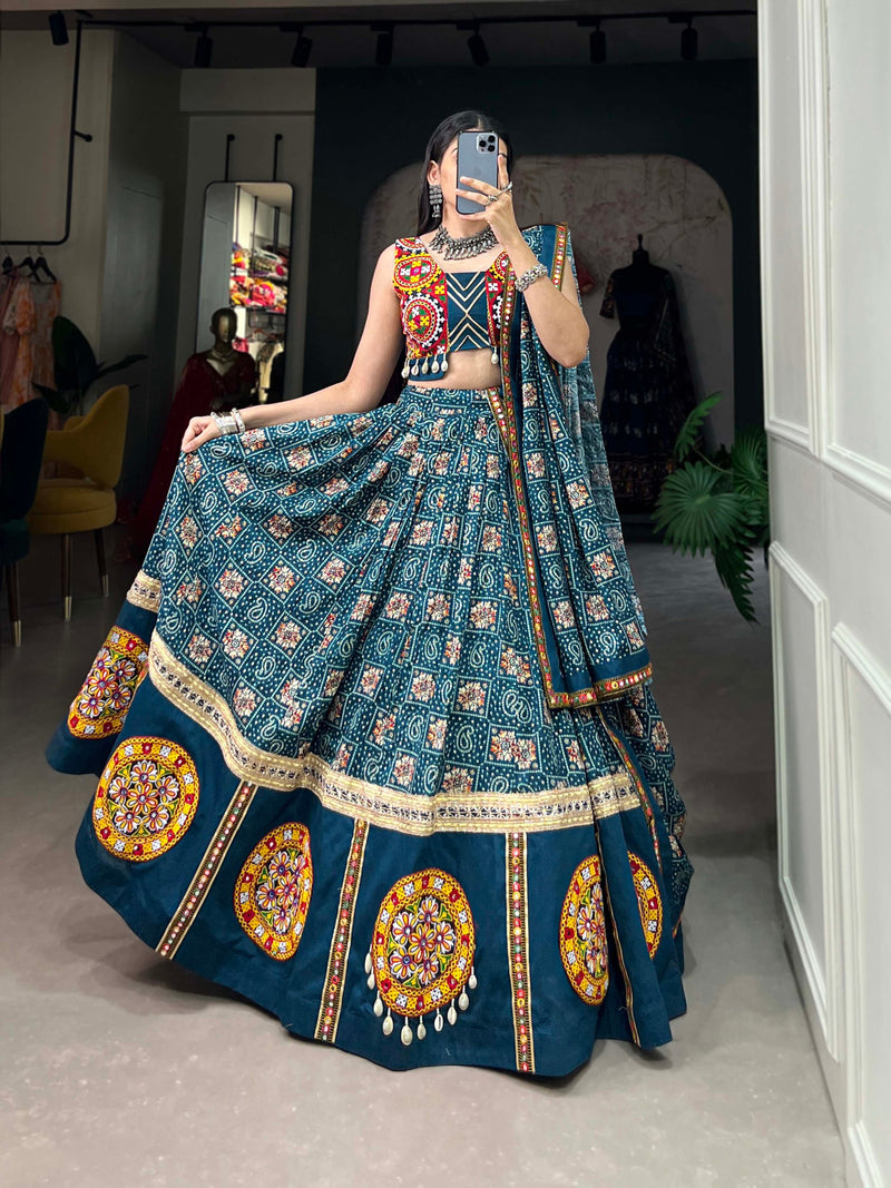 Rama Color Pure Rayon with Gamthi Work Navratri Lehenga Choli