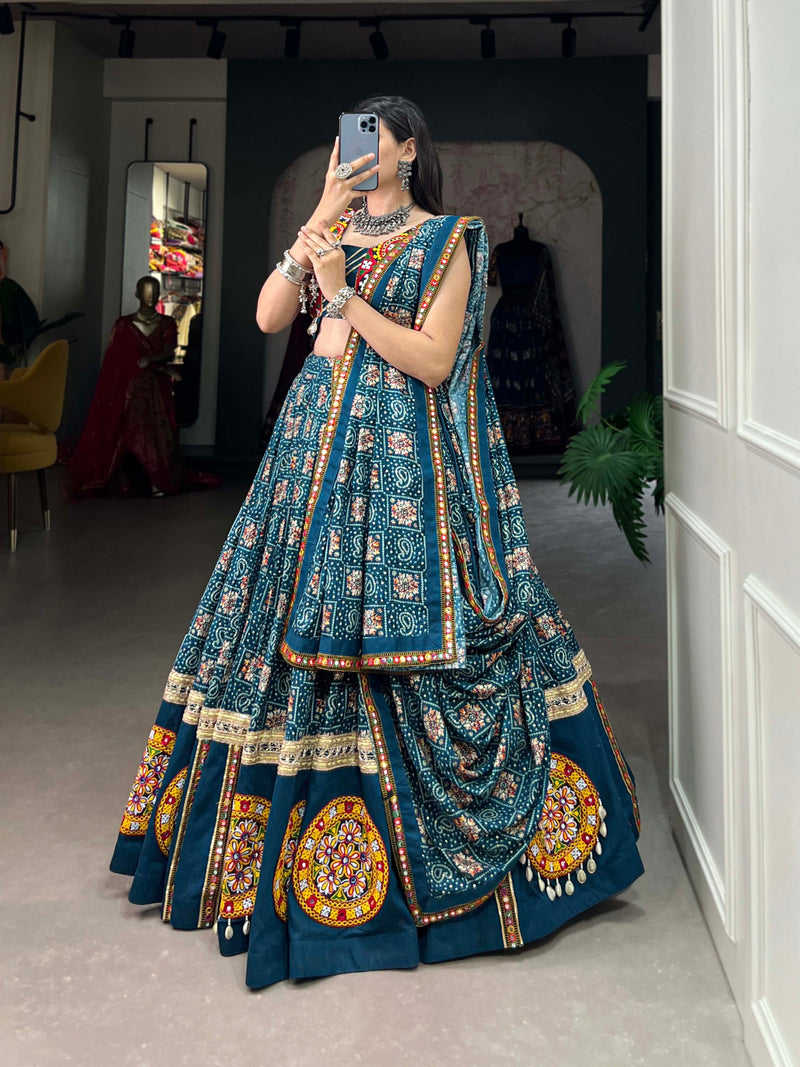 Rama Color Pure Rayon with Gamthi Work Navratri Lehenga Choli