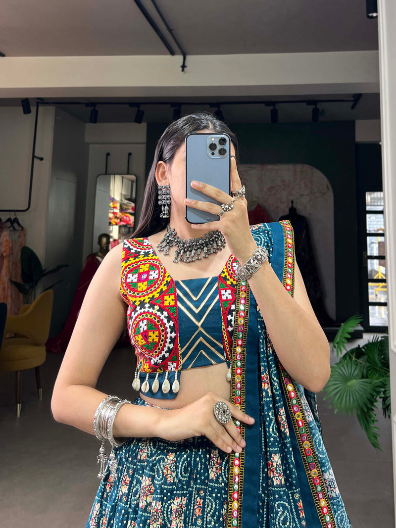 Rama Color Pure Rayon with Gamthi Work Navratri Lehenga Choli