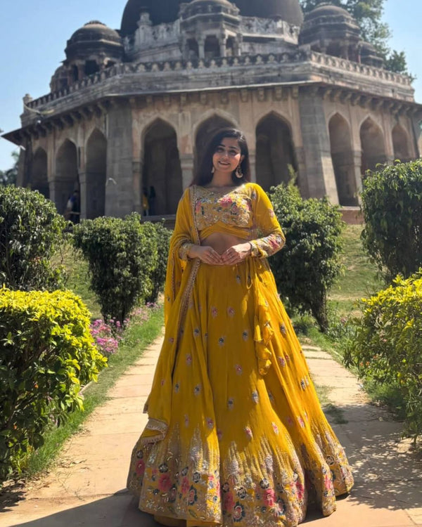 Yellow Color Heavy Thread with Sequins Work  Designer Lehenga Choli