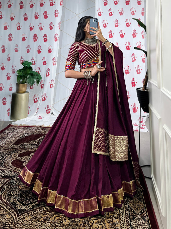 Wine Color Pure Rayon with Gamthi Work Navratri Lehenga Choli