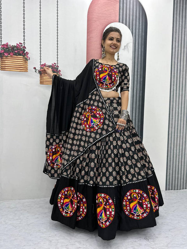 Black Color Pure Cotton with Gamthi Work Navratri Lehenga Choli