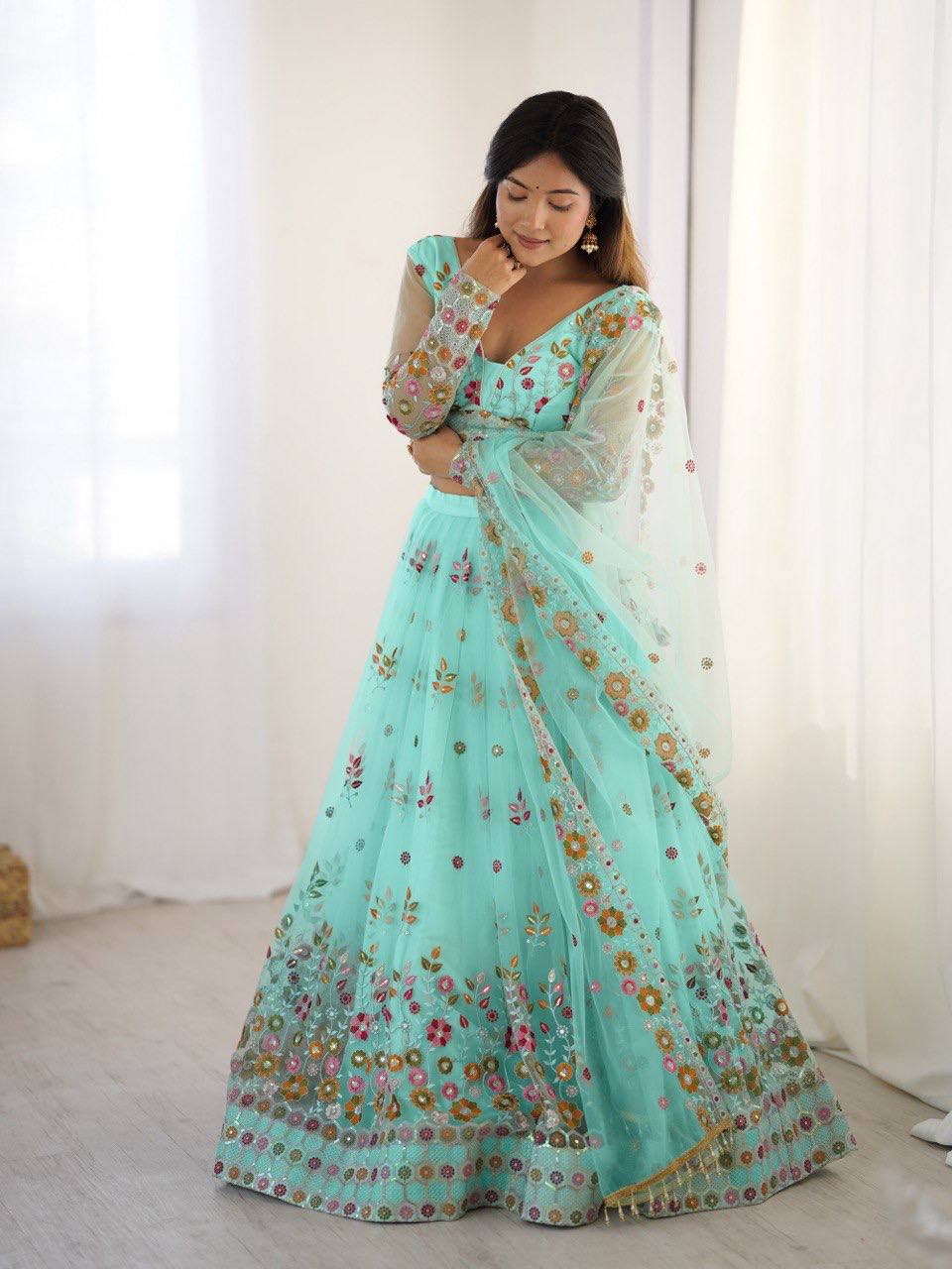 Sky Blue Color Heavy Thread with Sequins Work  Designer Lehenga Choli